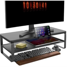 Monitor Stand With Drawer, 2-Tier Monitor Stand Riser With Phone Holder And Cable Management - Desk TV Shelf, Laptop Printer, Desk Organizer Stand, For Home & Office, Black - 查看 6