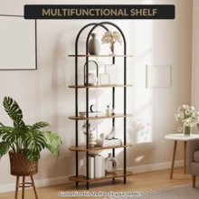 71" Arched Bookshelf, 5 Tier Freestanding Open Bookcase With Sturdy Metal Frame, Modern Display Rack And Plant Shelf For Bedroom, Living Room, Home Office - 黑色+復古色彩,五層 - 查看 10
