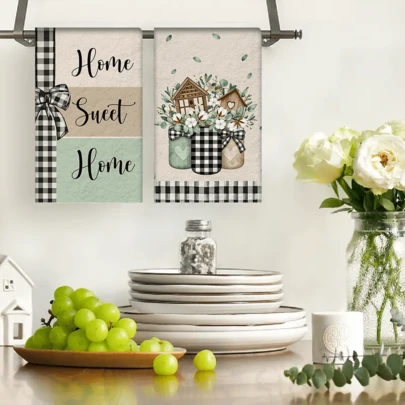 2/4/48pcs Kitchen Dishcloths, Green Leaf Wreath & Letter Pattern, Wooden Birdhouse Decor, Black & White Plaid Ribbon Bow & Letter Design, Soft Durable Multi-Purpose Highly Absorbent Kitchen Cleaning Towels