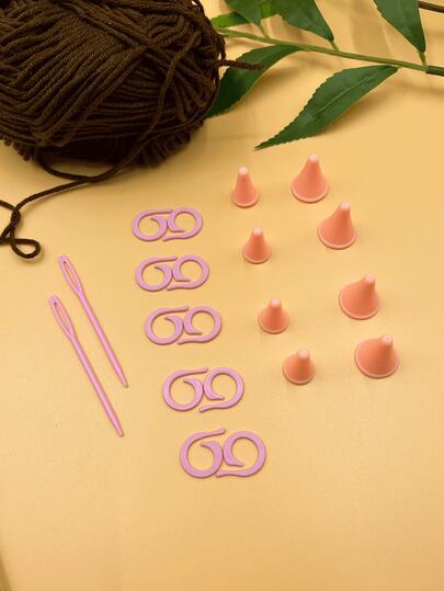 Bộ 20 phụ kiện đan len, bao gồm: đầu bảo vệ kim đan/kim may tay/kim đánh dấu, mũ bảo vệ kim đan bằng silicon màu hồng, dụng cụ đan len chống rụng lông.