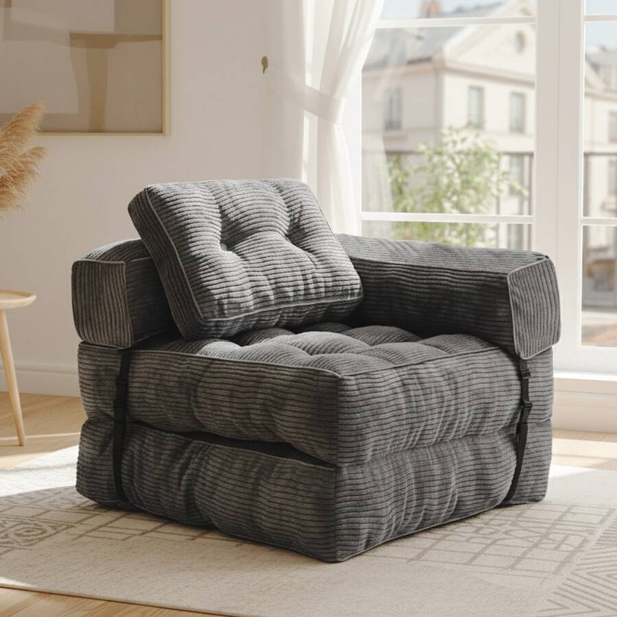 Sofá Cama Plegable 3 en 1 170*85 cm, Butaca, Sofá y Cama Supletoria, Convertible con Reposabrazos, Para Salón o Dormitorio, Gris - Gris - Ver 1