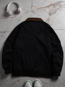 Men's Casual Lapel Jacket, Multi-Pocket Zipper Top, Retro Minimalist Fashion Versatile, Outdoor Commute Casual Military Style Zip-Up Jacket - Black - View 2