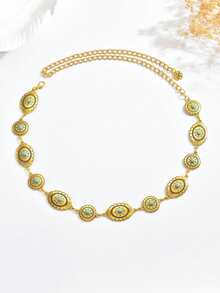 1 pieza Cadena de cintura de mujer con colgante de estilo vintage bohemio con diseño de flor de turquesa oval dorada, adecuada para uso diario, cadena de joyería corporal, temporada de bodas, fiestas, festivales de música, compromisos y cualquier regalo de joyería festiva - Dorado - Ver 4