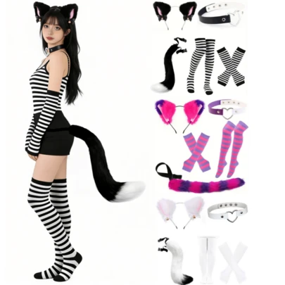 5pcs/Set Cute Cat Cosplay Props For Halloween, Includes Tail, Headband, PU Leather Collar, Arm Sleeves, Striped Socks, Suitable For Role Play