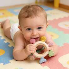 1pc Baby Silicone Wooden Teething Ring, Colorful Multi-Shape, Easy To Grip, Great Gift For Easter, Thanksgiving, Halloween, Christmas - Multicolor - View 9