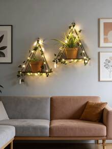 1pc/2pcs Green Leaf Fairy Light Decor Hanging Wall Rack, Bohemian Style Triangle Floating Display Shelf, Cozy Atmosphere Light String Wall Mount Storage Rack, Retro Countryside Plant Display Rack, Decoration For Living Room, Bedroom, Dorm, Balcony, Cafe (Batteries Not Included) - Multicolor - View 3