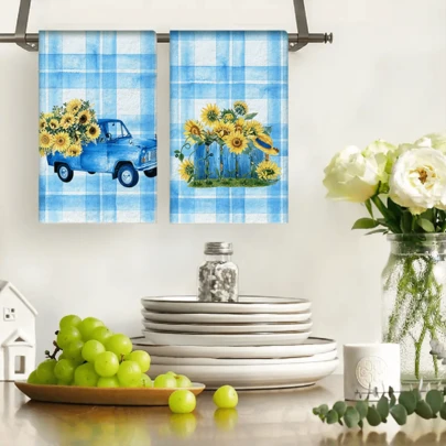 2/4/48pcs Vintage Car & Sunflower Pattern Kitchen Dishcloths, Soft & Durable High Absorbency, Suitable For Kitchen & Holiday Decor, Multi-Purpose Cleaning Towels