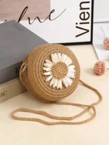 儿童草编包，可爱女童单肩斜挎包，沙滩编织包，春夏款 - 大太陽花 - 查看 5