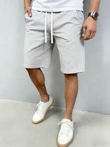 男士针织短裤，休闲宽松运动短裤，适合跑步、慢跑、健身房训练，夏季穿着 - 灰色 - 查看 1