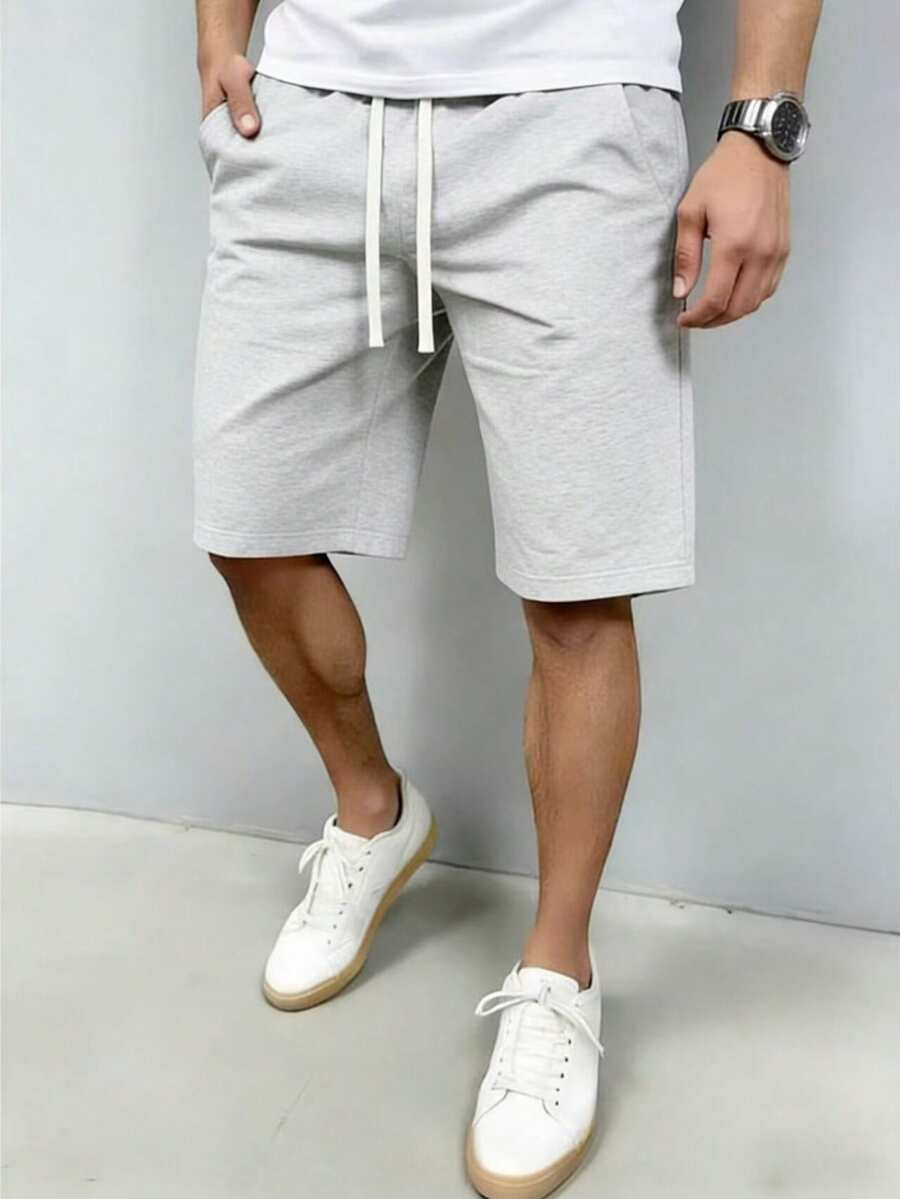 男士针织短裤，休闲宽松运动短裤，适合跑步、慢跑、健身房训练，夏季穿着 - 灰色 - 查看 1