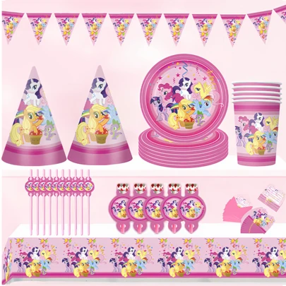 MY LITTLE PONY 派对餐具套装包含10个纸杯、10个纸盘、小旗子、派对帽，适合生日庆祝活动，一次性节日派对装饰，图案有暮光闪闪、云宝黛西和萍琪派。