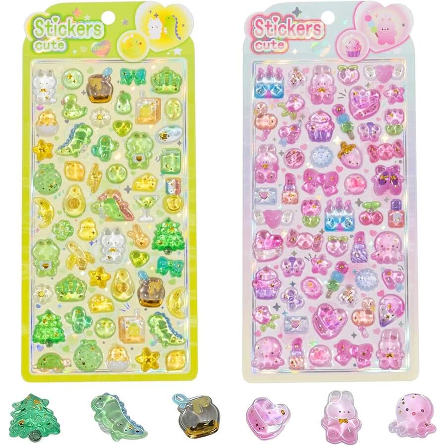 一套可爱水晶泡泡贴纸：闪亮3D可爱动物和甜点贴纸，全息闪光装饰贴纸，适用于日记本、相册、计划本和DIY手工，是青少年、文具爱好者、婚礼季和母亲节的完美礼物。 - TZ11 - 查看 1