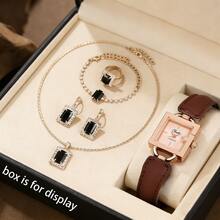极简腕表套装 - 方形石英表 + 项链 + 耳环 + 戒指 + 手链，优雅日常搭配，情人节、周年纪念日、生日、母亲节、新年理想礼物 - 玫瑰金 - 查看 12