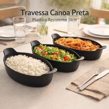 Kit com 05 Travessas Canoa Petisqueiras em Plástico Preto Resistente 24cm - Servir comidas, churrasco, petiscos - Visão 2