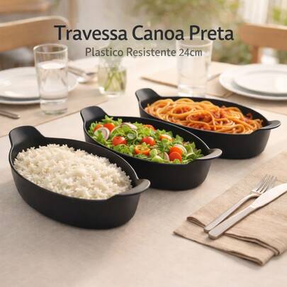Kit com 05 Travessas Canoa Petisqueiras em Plástico Preto Resistente 24cm - Servir comidas, churrasco, petiscos