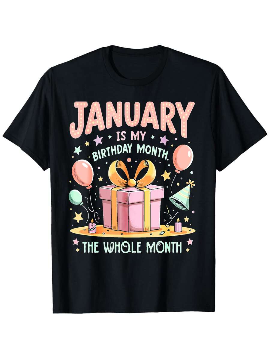 Plus Size, Women's Plus-Size T-Shirt, Size 0XL-5XL, Pure, Suitable For All Seasons, Super January Is My Birthday, The Whole Month Is The Same T-Shirt-Black Casual Pattern T-Shirt With Colorful Balloons, Party Hats And Sequins Design, High Elastic - màu đen - Xem 1