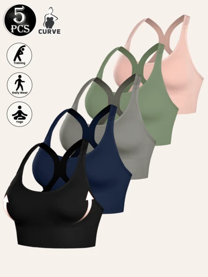 5 PCS Women's Plus Size Sports Bra With Gathered, No-Constriction, Removable Padding And Cross Straps Women's Sports Bra