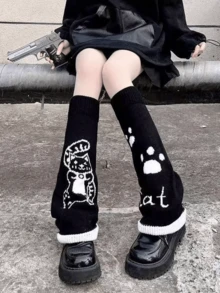 1 Pair Cute Cat Lolita Black Goth Knitted Leg Warmers - Multicolor - View 4