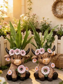 Tượng bò cao nguyên Scotland kèm vòng hoa, chậu trồng cây hình bò cao nguyên Scotland màu nâu, chậu trồng cây bằng nhựa hình bò theo phong cách mộc mạc, thích hợp cho sân vườn trong nhà, hiên nhà và ban công. - Nhiều màu - Xem 1