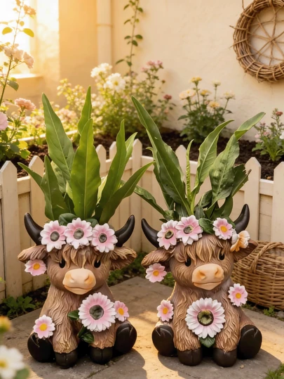 Skotsk höglandsko-skulptur med krans, brun skotsk höglandsko-skulptur, rustik stil med djurko i harts, lämplig för inomhus-, uteplats- och balkongträdgård