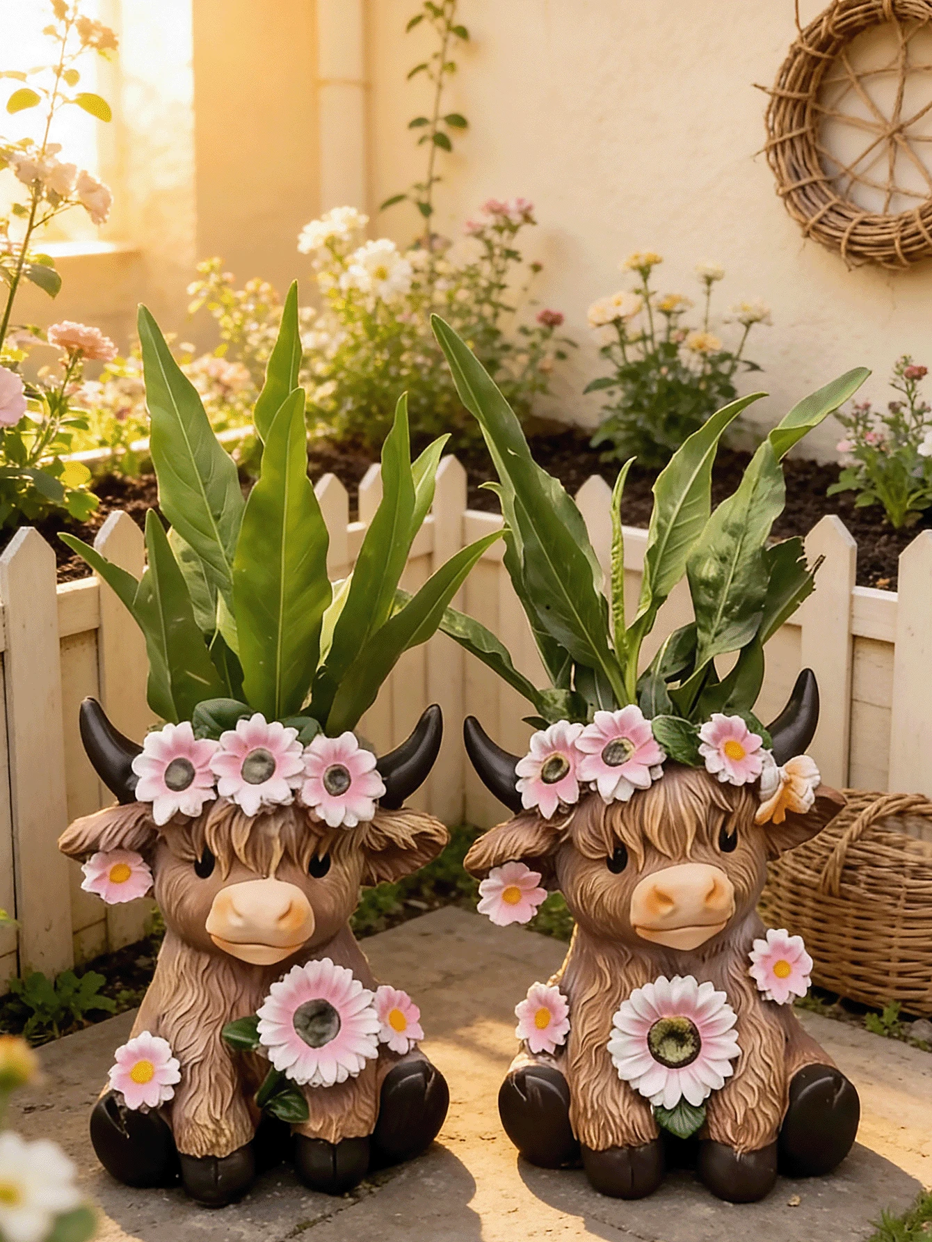 Tượng bò cao nguyên Scotland kèm vòng hoa, chậu trồng cây hình bò cao nguyên Scotland màu nâu, chậu trồng cây bằng nhựa hình bò theo phong cách mộc mạc, thích hợp cho sân vườn trong nhà, hiên nhà và ban công. - Nhiều màu - Xem 1