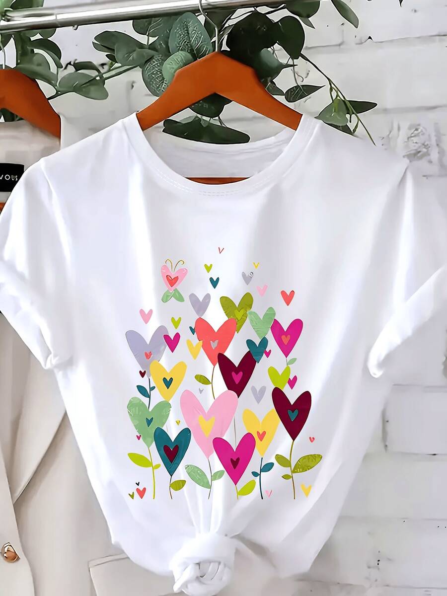 Plus Size - Plus Size - Colorful Heart-Patterned-Shirt Plus-Size Women, Featuring A Casual Round Neck And Short Sleeves.This Vintage Vacation Style Top Is Washable And Made From, Spring And Summer - White - View 1