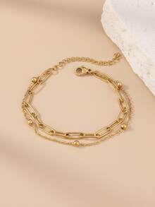 不锈钢手链双层佩戴回形针、圆形珠子、ins风、金色女士休闲日常约会搭配服装和配饰。 - 手鍊 - 查看 4