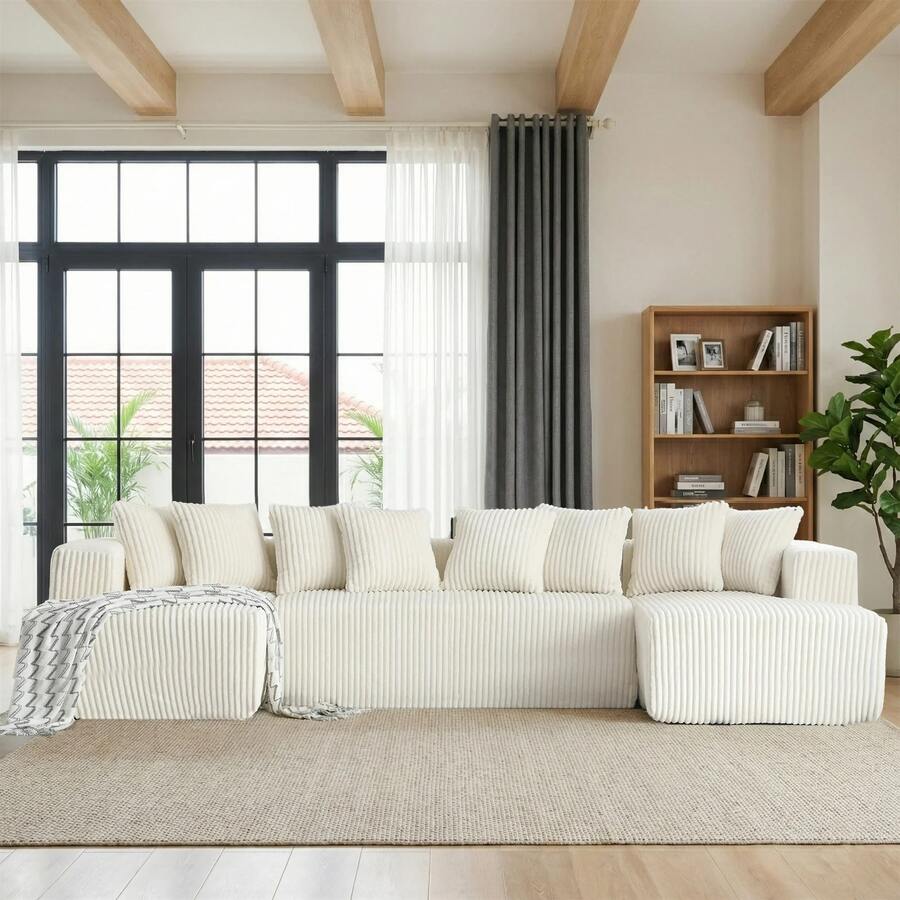 Boneless Couch,Modular U-Shaped Corduroy Sectional Sofa,130-Inch 4-Seater Chaise Lounge With Reversible Design, No Assembly Modular Cloud Couch, 72-Hour Fluff Recovery, Striped Corduroy Fabric In Beige/White – Sectional Living Room Or Bedroom Couch, Freely Configurable Layout. - Màu be - Xem 1
