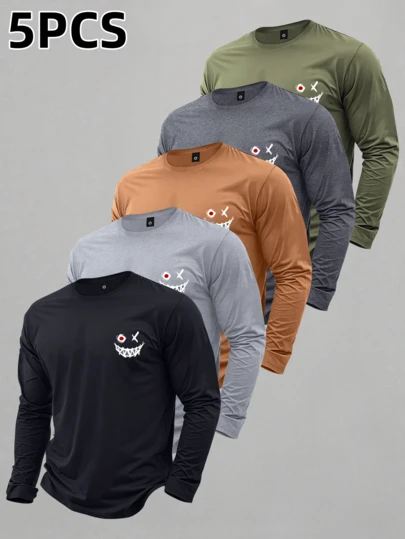 5件/套男士圆领长袖T恤，轻盈透气，四季皆宜，印有趣味十足的暗黑系笑脸图案。用途广泛，适合各种场合——时尚街头风、舒适运动装、休闲通勤装和校园装。