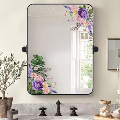 1 pieza Elegante y lujoso adhesivo de vidrio con flores púrpura y rosa, decoración romántica de baño con rosas y lavanda, ambiente delicado de primavera, fácil de aplicar y retirar