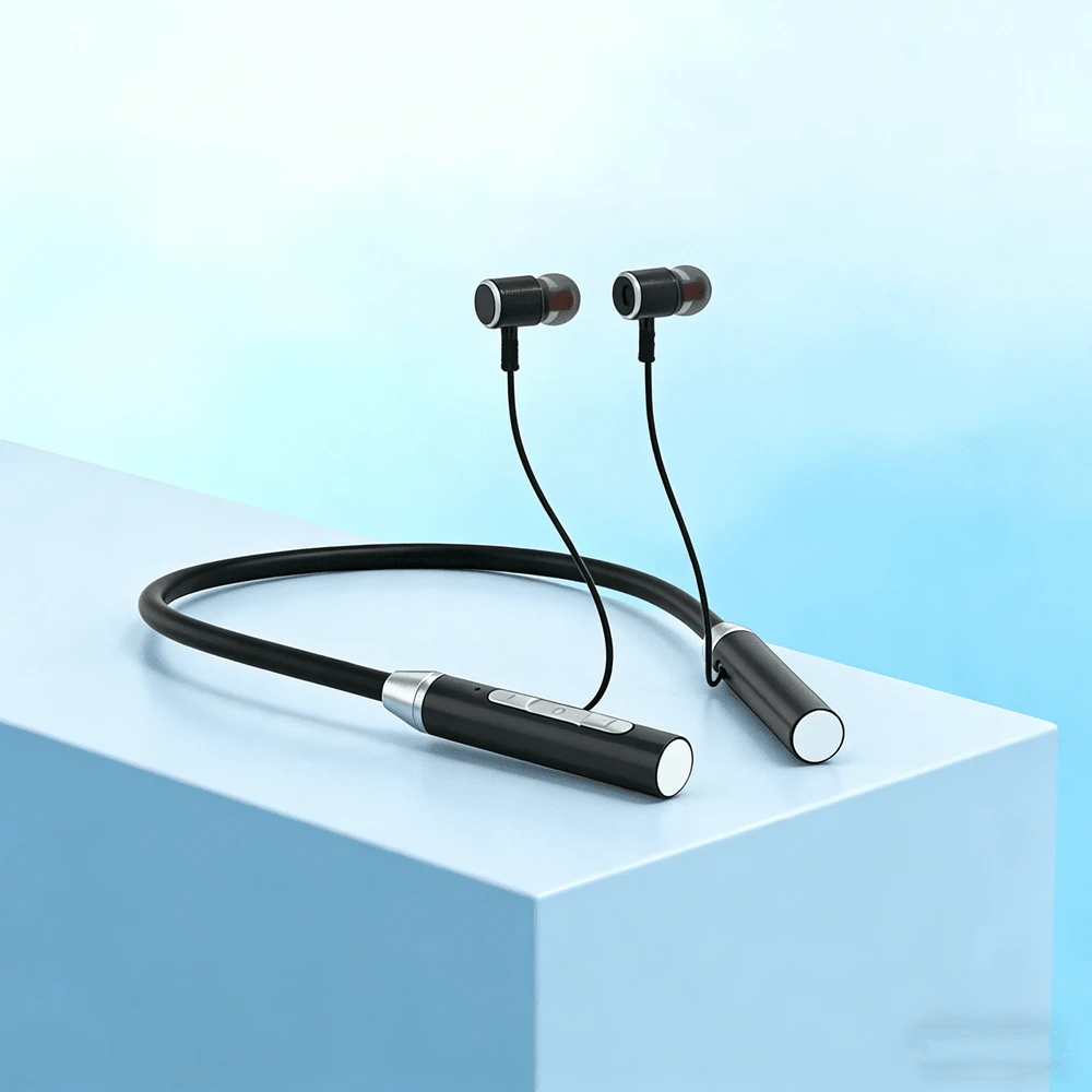 无线蓝牙耳机 5.3 颈挂式耳机，硅胶高保真立体声运动耳机，磁吸式防水耳塞 - 黑色 - 查看 1