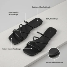 Mode Quadratische Zehenkappe Kreuz-Riemen Sandalen für Frauen, weich & elastisch rutschfeste Gummisohle, bequeme stoßabsorbierende Fütterung, lässige vielseitige Sommer Strandpantoffeln - Schwarz - Übersicht 3