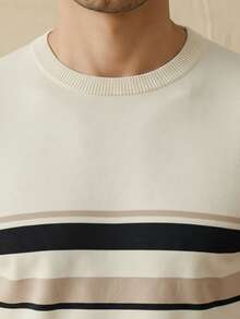 Men's Retro Style Crew Neck Short Sleeve Knit Sweater, Cream Color With Black And Light Brown Striped, Slim Fit - Champagne - View 4