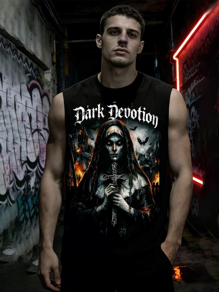 Men's Wide Shoulder Dark Sleeveless Tank Top, Round Neck Polyester Knit Fabric, Suitable For Summer Sports Training Basketball Jersey - Black - View 1