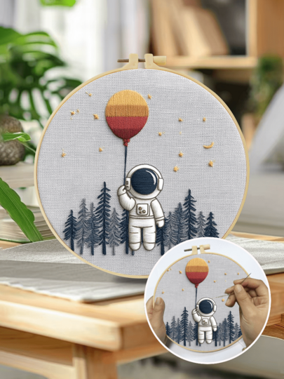 1 Kit de bordado, tamaño 15*15cm/5.9*5.9 pulgadas-20*20cm/7.9*7.9 pulgadas, tema de astronauta en globo, incluye aro de bordado, kit de manualidades hecho a mano adecuado para adultos y principiantes. Contiene instrucciones, tela impresa, aro, aguja e hilo. Perfecto para la decoración del hogar o como regalo para familiares y amigos.
