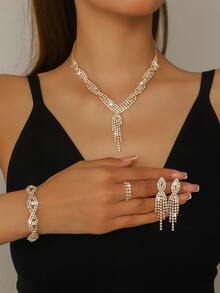 5pcs Women's Jewelry Set - Elegant Crystal & Rhinestone Jewelry Set, Suitable For Commuting, Campus Dating, Daily Outings, Weddings And Festivals - Precious Gold - View 1