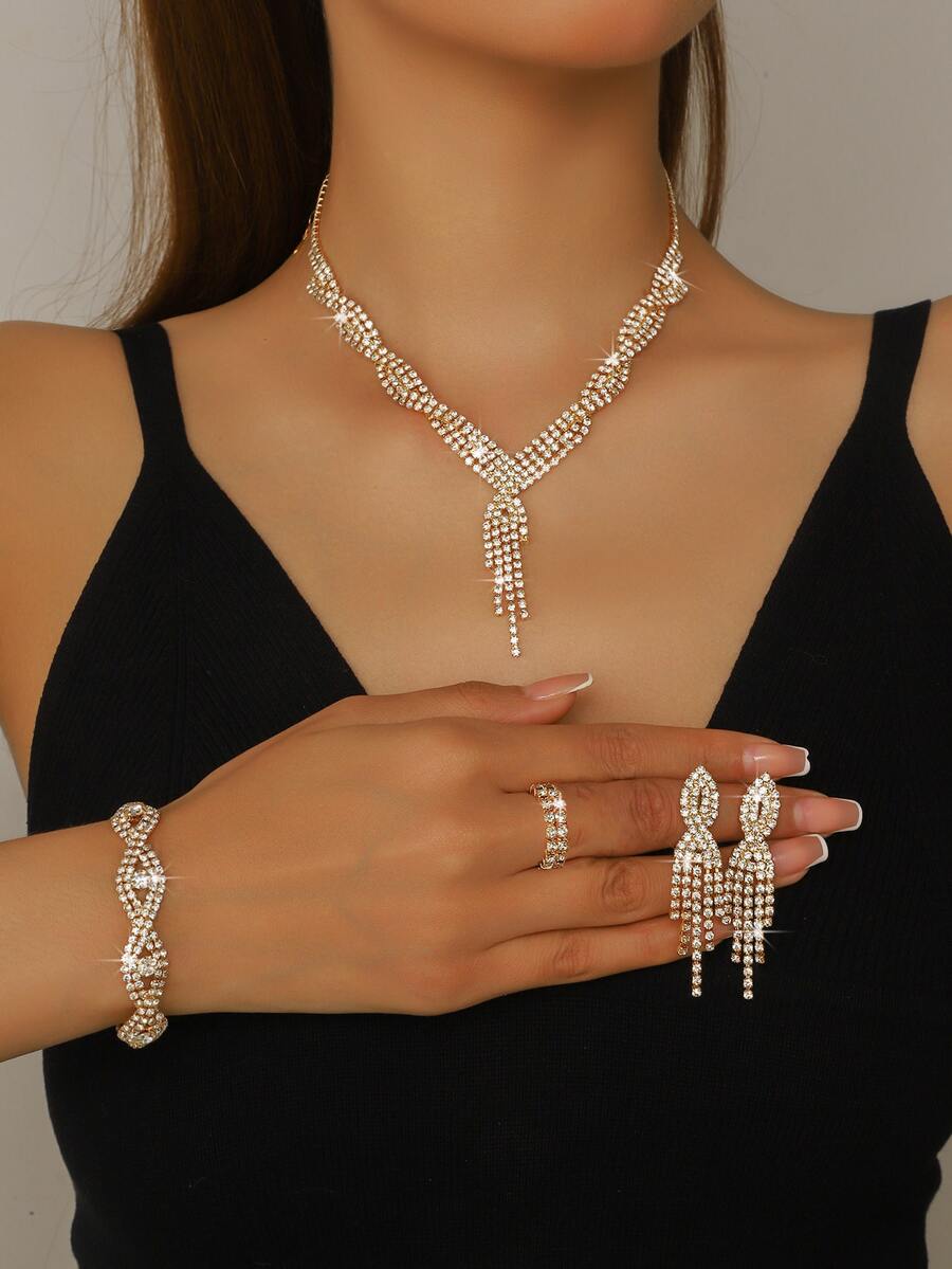 5pcs Women's Jewelry Set - Elegant Crystal & Rhinestone Jewelry Set, Suitable For Commuting, Campus Dating, Daily Outings, Weddings And Festivals - Precious Gold - View 1