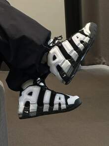 Nike Air More Uptempo Leather Cushioning Mid-Top Kids Basketball Shoes Black And White - Black and White - View 8