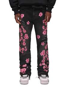 Purple 2025 New Arrival Mens Flared Jeans Street Fashion Heavy Embroidery Plum Blossom Non Stretch Y2k  Hot  In Stock - 黑色 - 查看 6