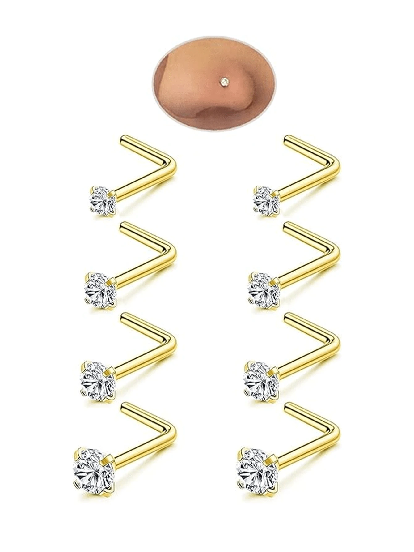 4 对套装，1.5-3 毫米白色 AAA 级立方氧化锆鼻钉，骨形、L 形、螺旋形鼻环，男女通用，简约鼻部穿孔饰品。 - 金色 - 查看 1