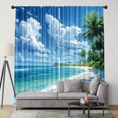 2pcs Summer Curtains, Beach Palm Tree Design Abstract Art Curtains, Pole Pocket Design To Protect Privacy, Suitable For Various Spaces Such As Bedrooms, Study Rooms, Living Rooms, Balconies, Offices, Dormitories, Bay Windows, Etc.