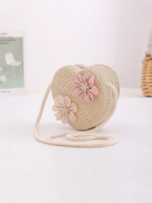 儿童草编包，可爱女童单肩斜挎包，沙滩编织包，春夏款 - 愛心包 - 查看 3