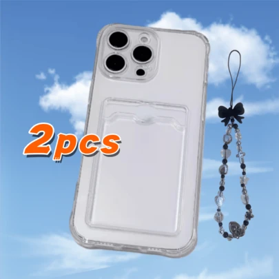 2pcs (1 Transparent Card Holder Case, 1 Black Bow Lanyard), Compatible With Apple 16E/XR/15/13/12/16/X/XS/16 Plus/16 Pro Max And Similar Smartphones, Transparent Four-Corner Anti-Drop Phone Case, Minimalist Phone Case, Solid Color Phone Case, Transparent Phone Case, TPU Anti-Drop Phone Case