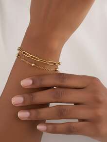 不锈钢手链双层佩戴回形针、圆形珠子、ins风、金色女士休闲日常约会搭配服装和配饰。 - 手鍊 - 查看 2