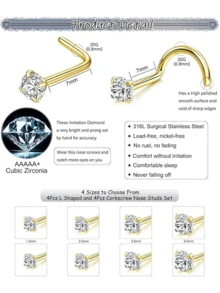 4 对套装，1.5-3 毫米白色 AAA 级立方氧化锆鼻钉，骨形、L 形、螺旋形鼻环，男女通用，简约鼻部穿孔饰品。 - 金色 - 查看 2