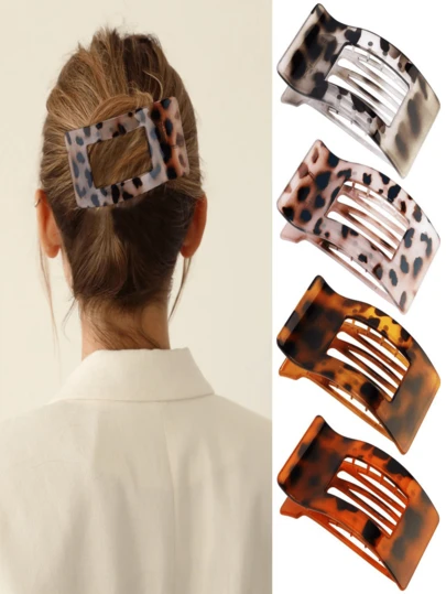 1/4pcs Women 4.40in/11.2cm Brown Gray Leopard Print Flat Alligator Hair Clips, Fashionable Elegant Minimalist Solid Color, Suitable For Daily, Casual, Party, Work, Beach, Vacation, Ponytail, Bun, Face Washing, Makeup, Outfit Matching, Hair Clips, Hair Accessories