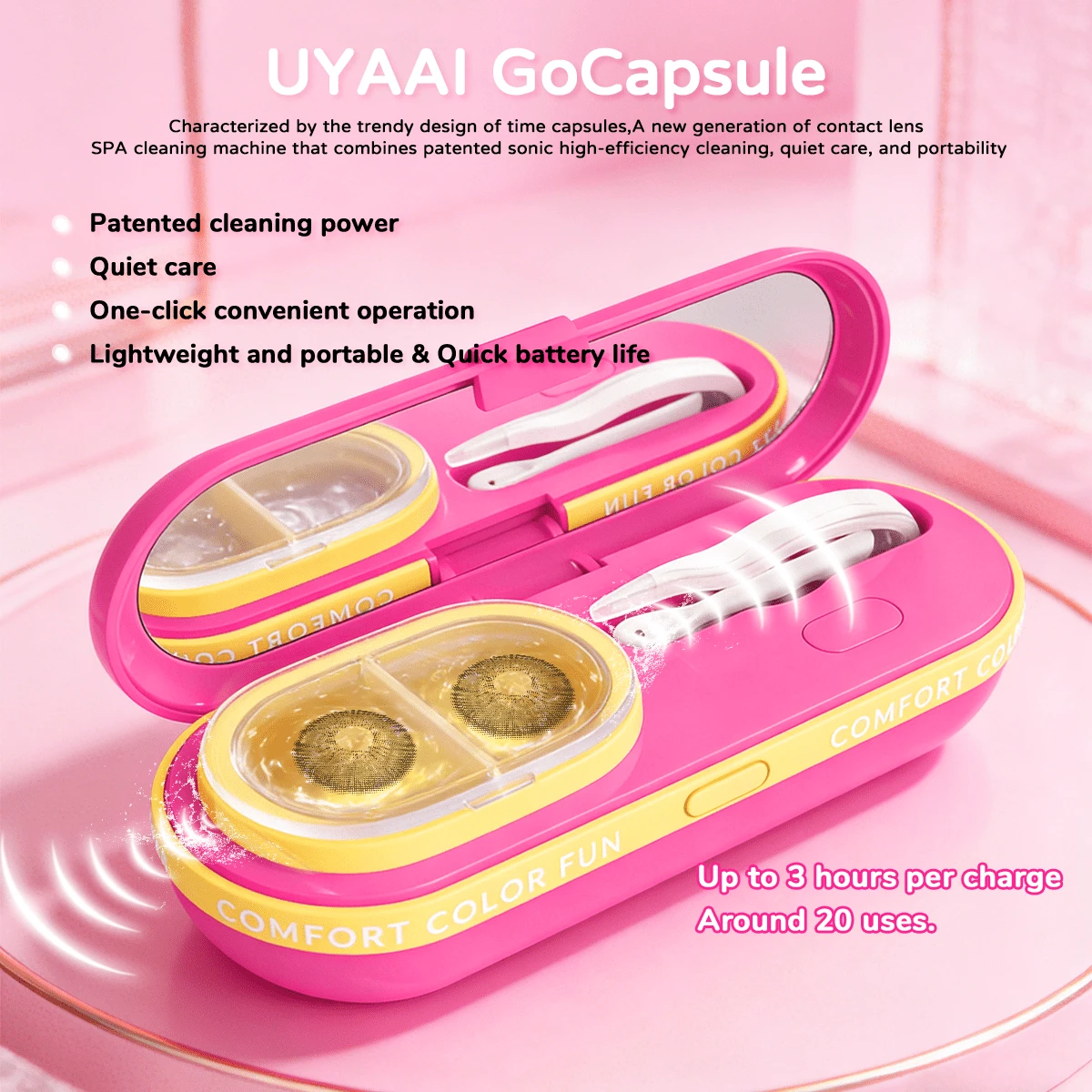 UYAAI 1PC Time Capsule Contact Lens Cleaning Container 2 Adjustable Care Modes Specially Designed For & Beauty Lenses Mini Compact Fashion Style Lightweight Portable For Travel & Daily Use Simple One-Touch Care Design - Hot Pink - View 1