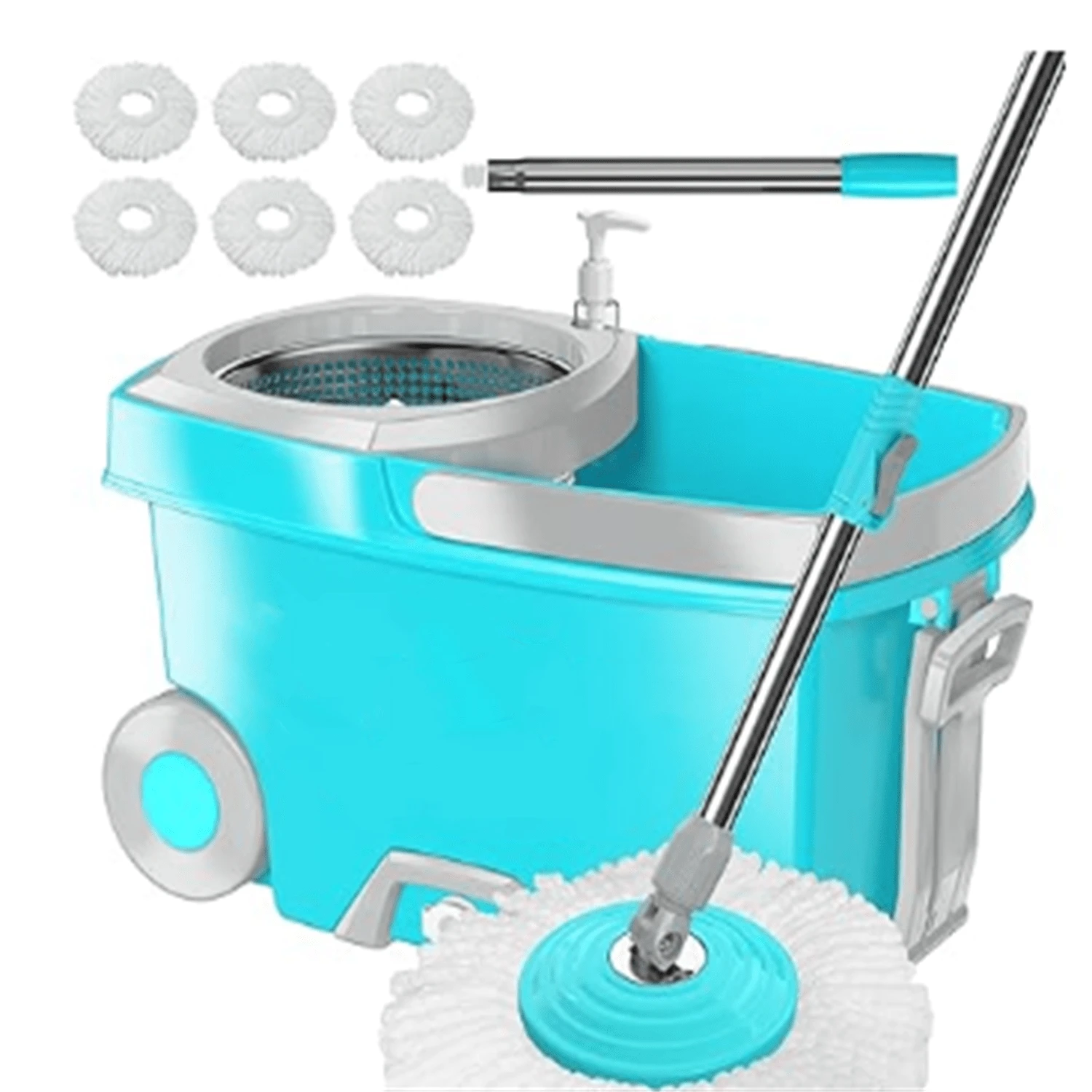 Spin Mop And Bucket,Mop And Bucket With Wringer Set For Home,360 Spinning Mopping Floor Cleaning Tool With 6 Microfiber Replacement Head Refills,61" Extended Handle, 2X Wheel - Blue - A - Xem 1