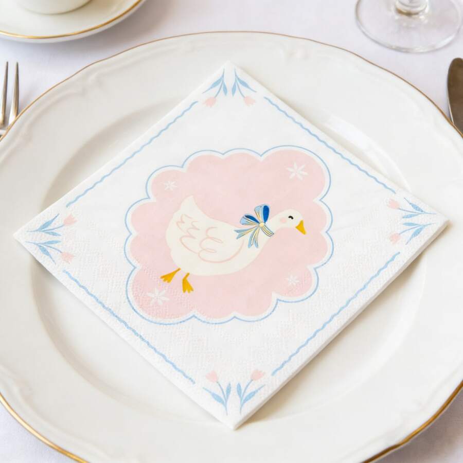 一只傻鹅纸巾 粉色蝴蝶结鹅一次性餐巾纸 可爱午餐晚餐餐巾纸 生日婴儿派对餐桌用品 - 查看 1