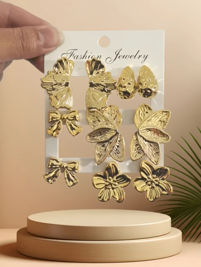 10pcs Fashionable Earring Set, Featuring Exaggerated Everlasting Flower, Butterfly Designs, Suitable For Daily And Holiday Wear. Made Of ABS Resin With UV Plated Gold, Non-Fading
